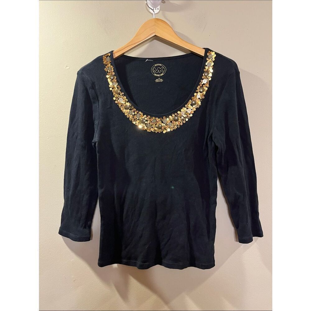 Michael Kors Black Long Sleeve Top with Gold Sequin Necklace Trim
